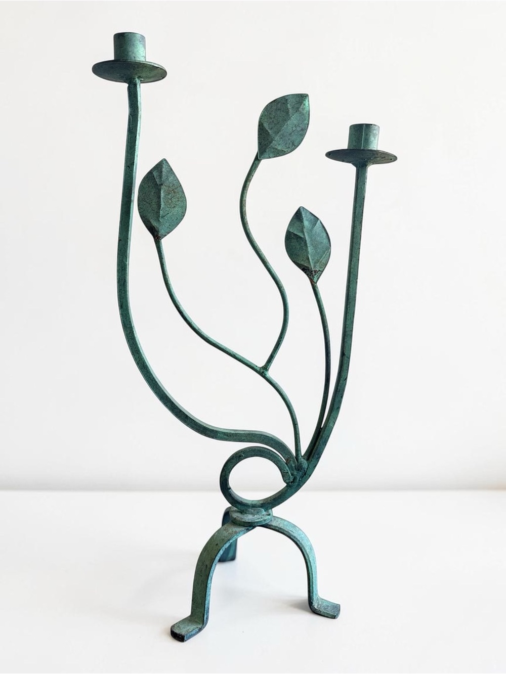 Vintage Wrought Iron Blue Green Vine Leaves Candle Holder Candelabra 19x8 Inches